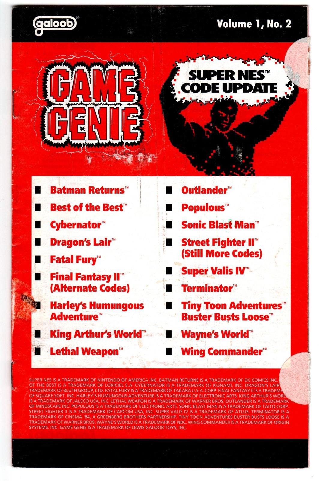 SNES Game Genie Code Update: Volume 1, No. 2 Super Nintendo