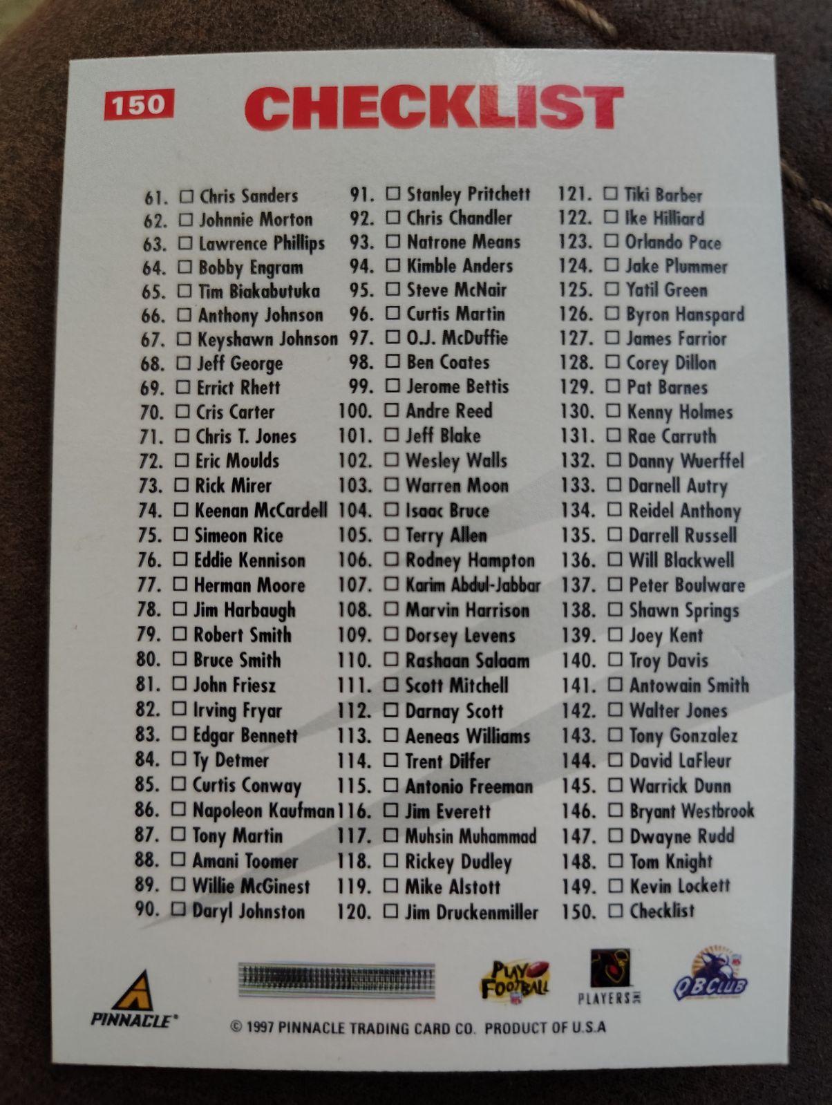 Checklist #150 1997 Pinnacle Inside Football