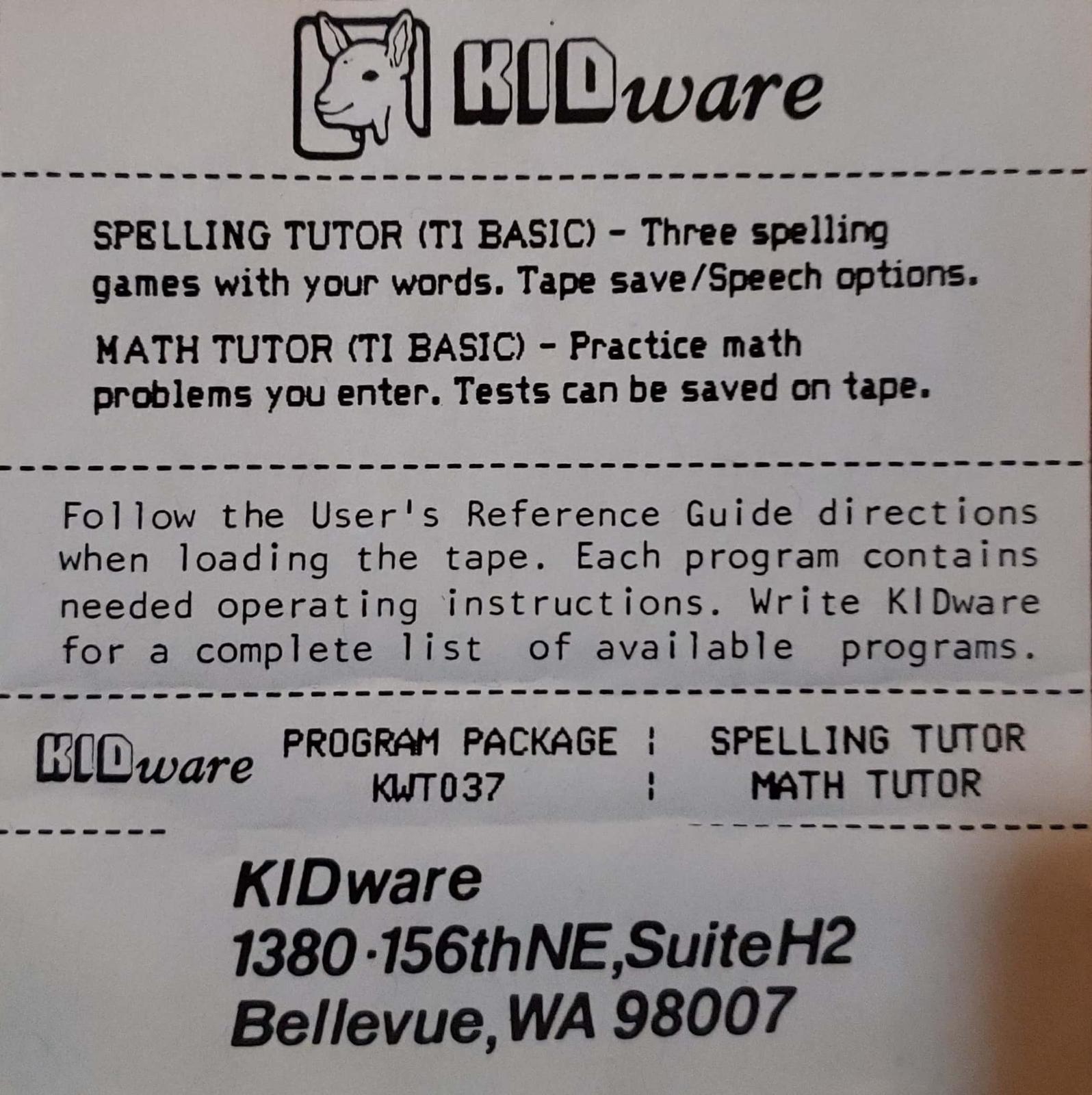 Spelling Tutor & Math Tutor TI-99