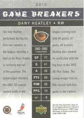 Back Of Card | Dany Heatley Hockey Cards 2003 Upper Deck Victory Game Breakers