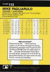 Back Of Card | Mike Pagliarulo Baseball Cards 1986 Fleer
