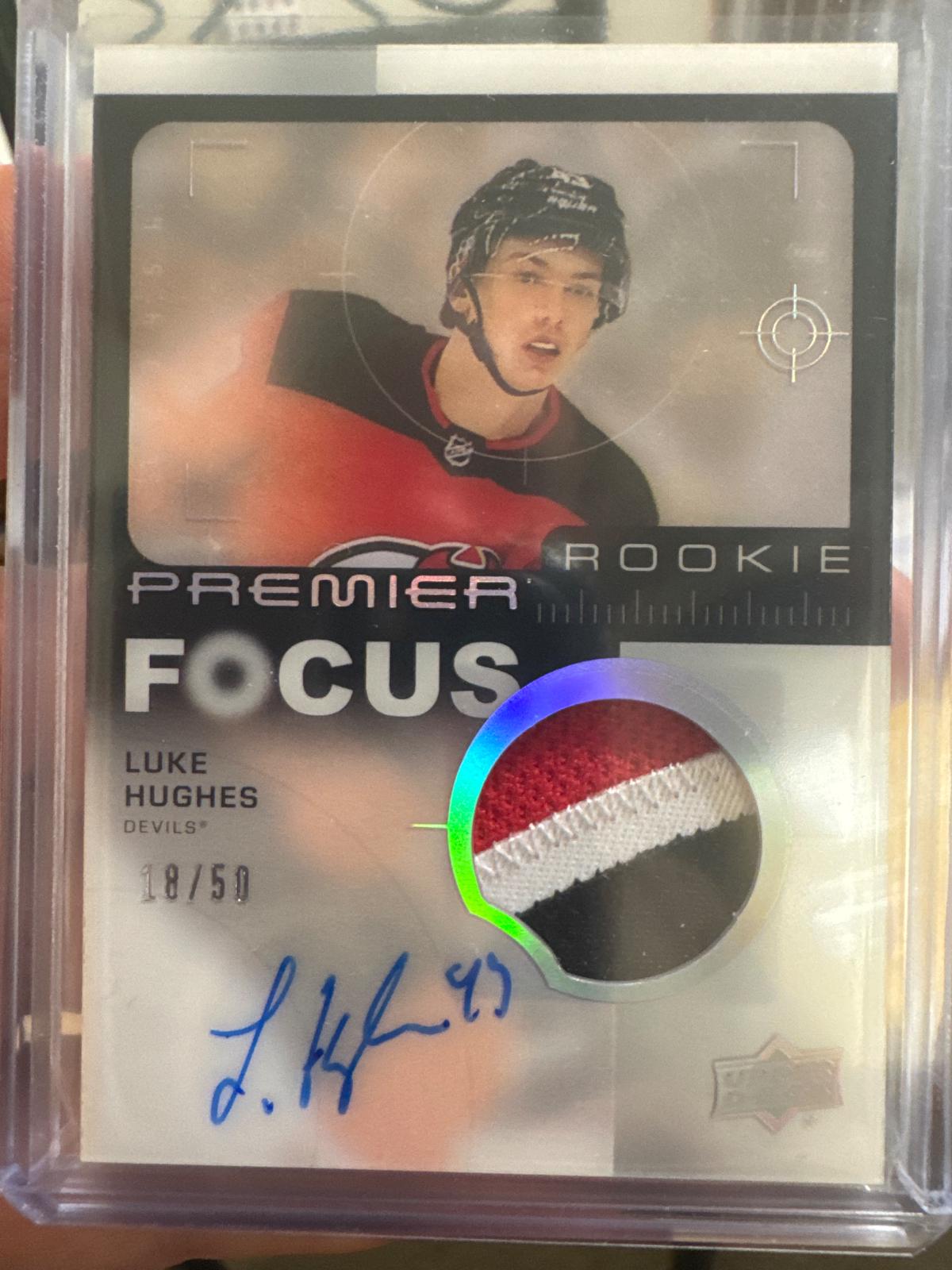 Luke Hughes #PFR-LH Hockey Cards 2023 Upper Deck Premier Focus Auto Patch Rookie