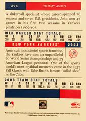 Rear | Tommy John Baseball Cards 2004 Donruss Team Heroes