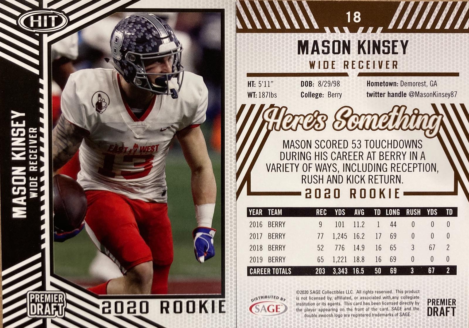 Mason Kinsey #18 Football Cards 2020 Sage Hit