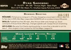 Rear | Ryan Sadowski [Blue] Baseball Cards 2009 Bowman Draft Picks & Prospects