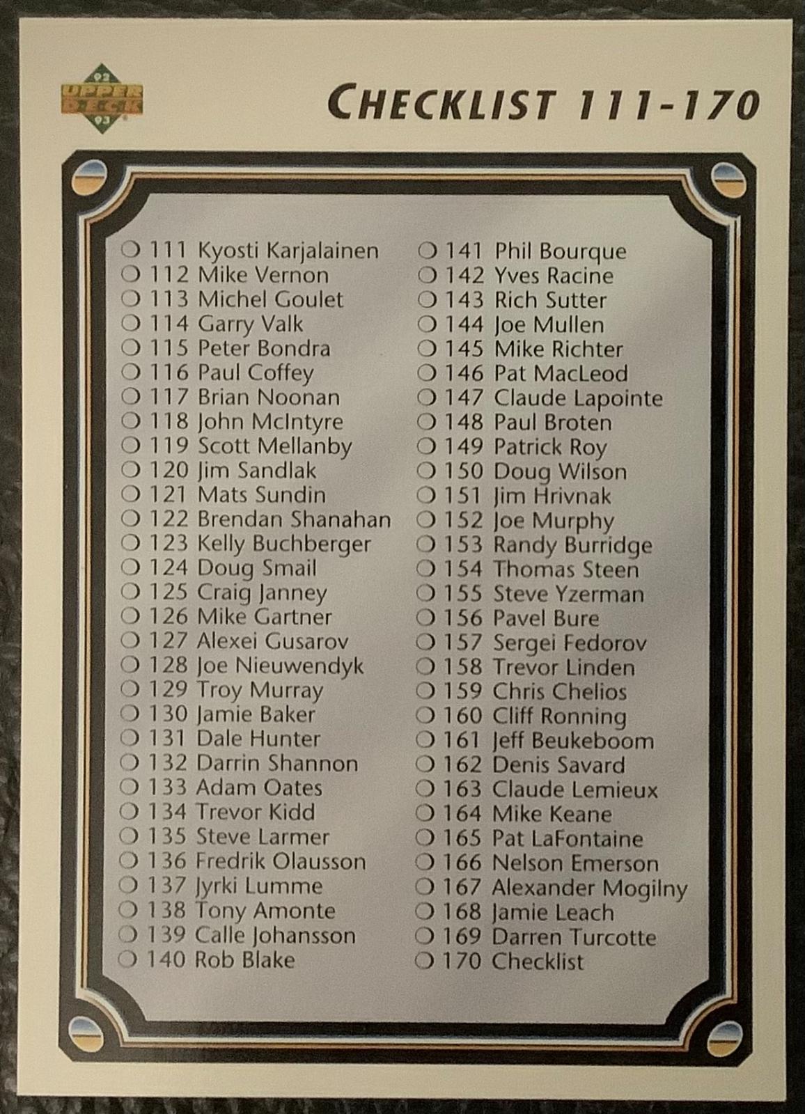 Checklist 171-220 #170 1992 Upper Deck Hockey