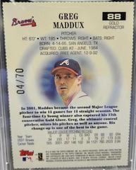 Back Side | Greg Maddux [Gold Refractor] Baseball Cards 2002 Topps Pristine