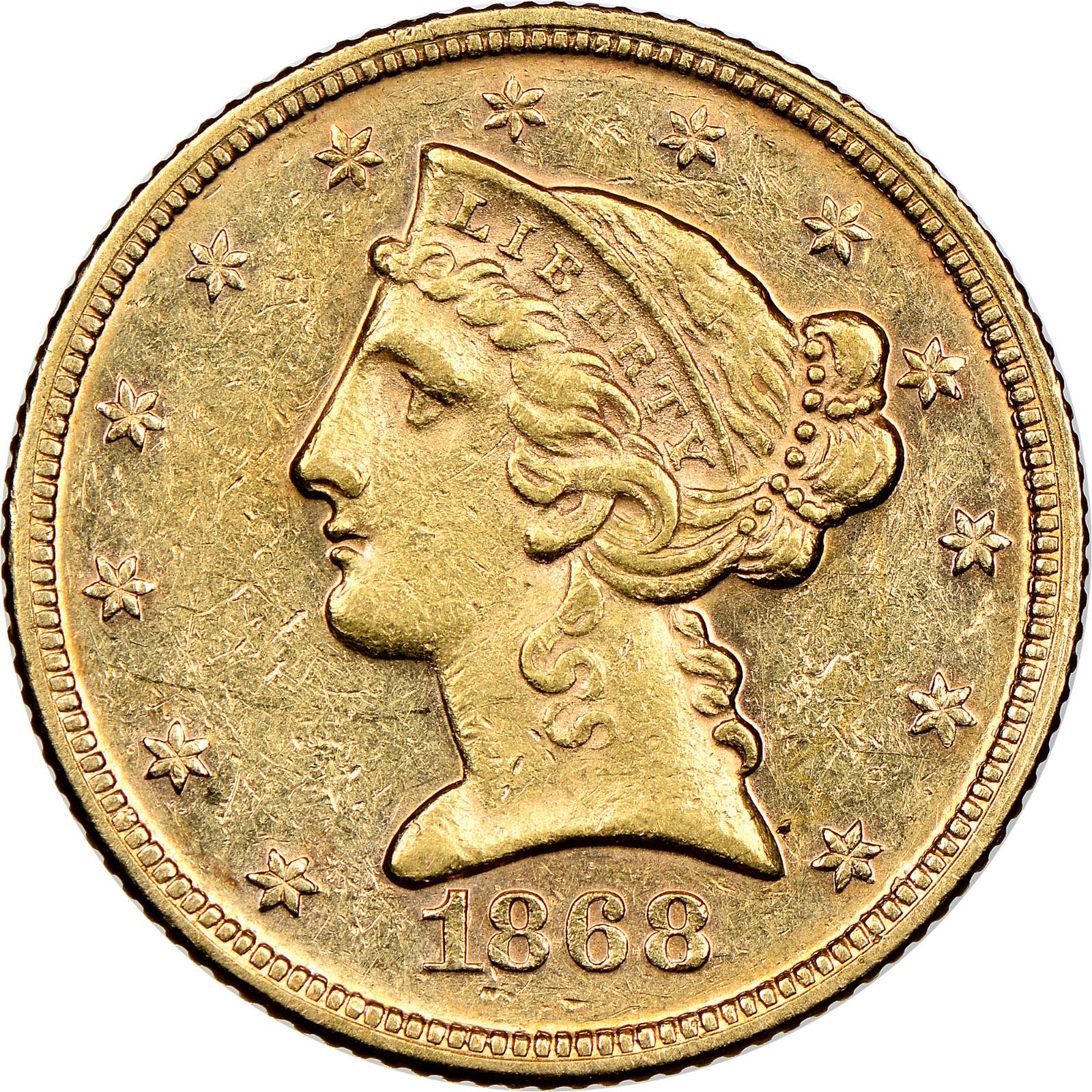 1868 Coins Liberty Head Half Eagle