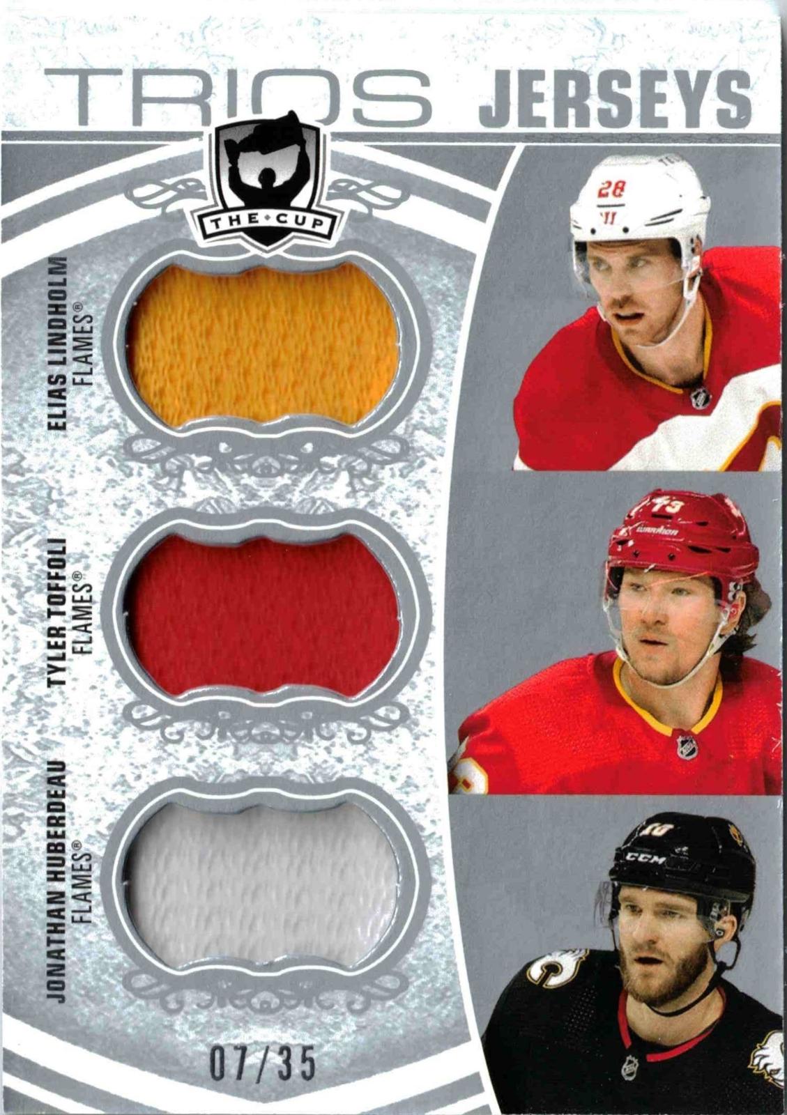 ELIAS LINDHOLM/TYLER TUFFOLI/JONATHAN HUBERDEAU #C3-HTL Hockey Cards 2022 Upper Deck The Cup Trios Jersey