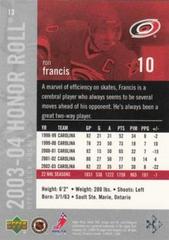 Back Of Card | Ron Francis Hockey Cards 2003 Upper Deck Honor Roll
