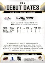 Back Of Card | Aliaksei Protas Hockey Cards 2022 Upper Deck Debut Dates