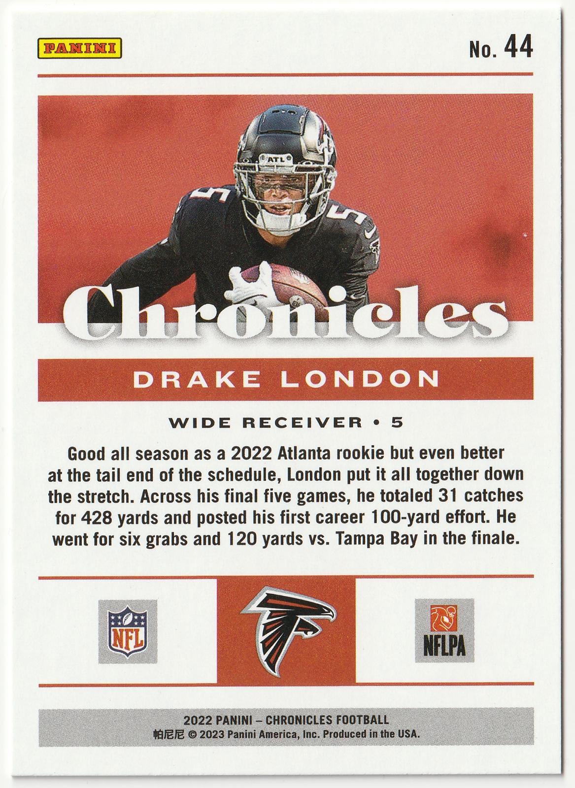 Drake London #44 Prices [Rookie] | 2022 Panini Chronicles | Football Cards