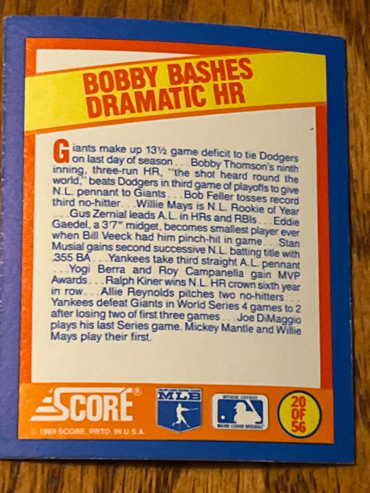 Bobby Bashes Dramatic HR #20 Baseball Cards 1989 Score Magic Motion Trivia A Year to Remember