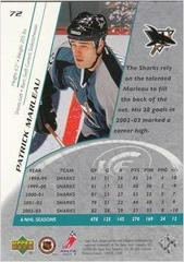 Back Of Card | Patrick Marleau Hockey Cards 2003 Upper Deck Ice