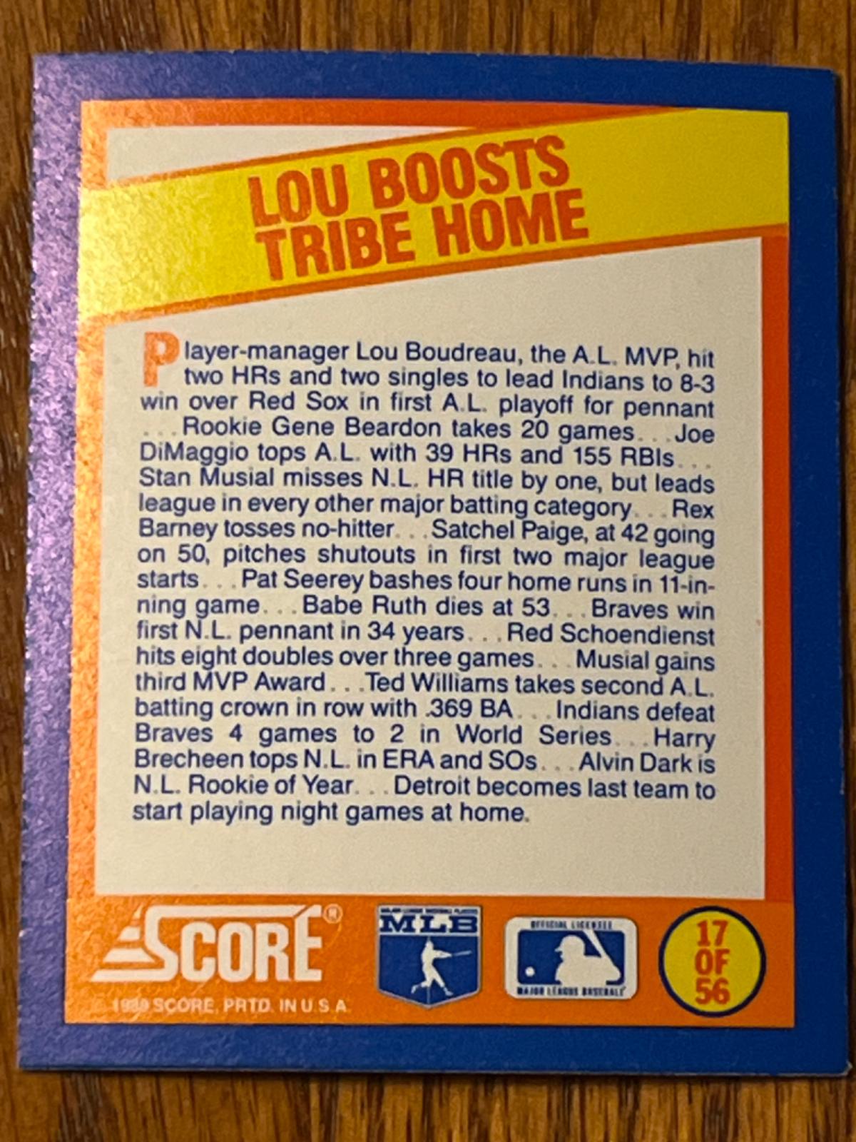 Lou Boosts Tribe Home #17 Baseball Cards 1989 Score Magic Motion Trivia A Year to Remember