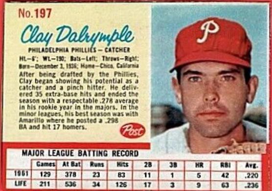 Clay Dalrymple #197 1962 Post Cereal Baseball