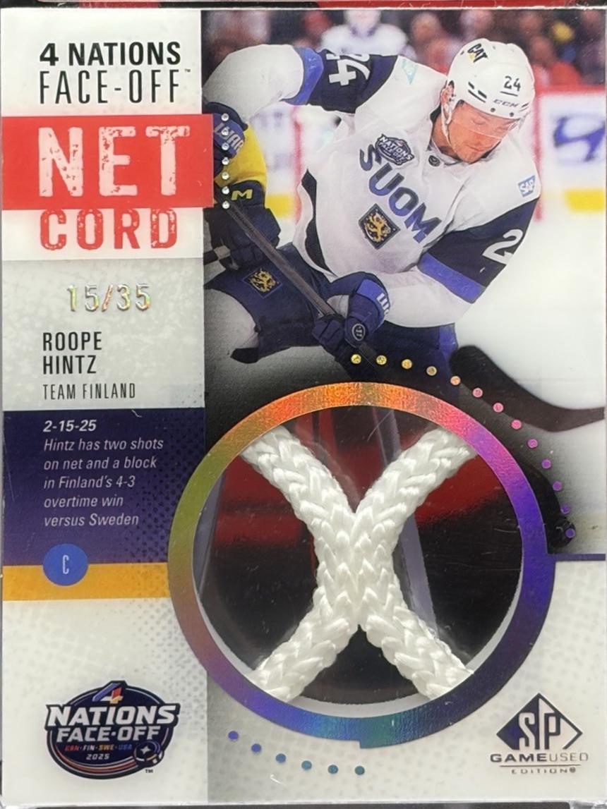 Roope Hintz #4NN-RH 2025-26 SP Game Used Hockey 2025 4 Nations Face-Off Net Cord Relics