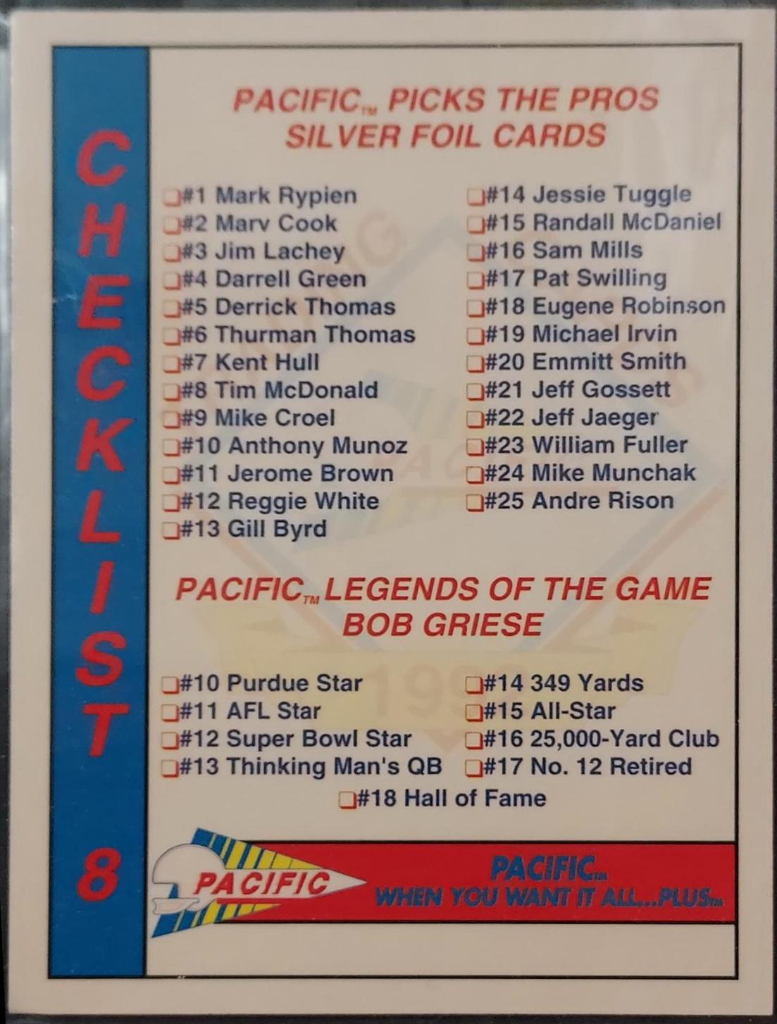 CHECKLIST #8 Football Cards 1992 Pacific