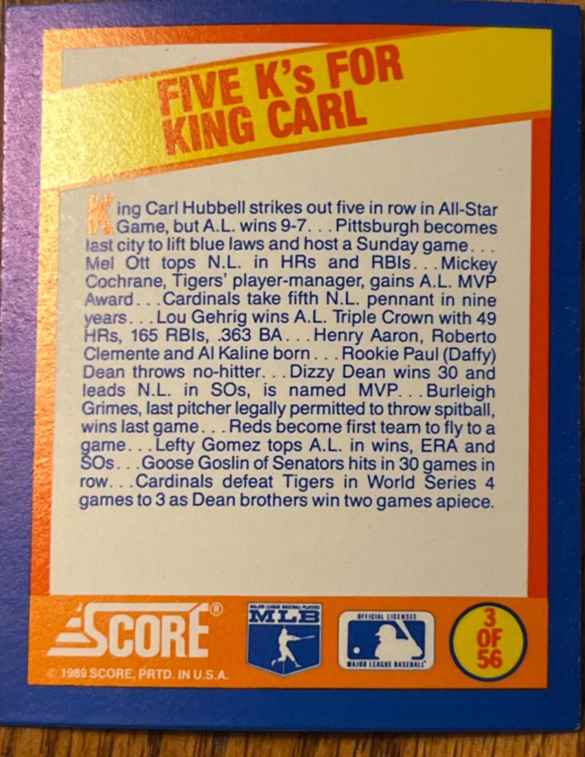 Five K’s For King Carl #3 Baseball Cards 1989 Score Magic Motion Trivia A Year to Remember