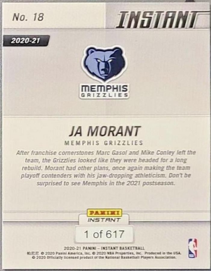 Ja Morant #18 Basketball Cards 2020 Panini Instant