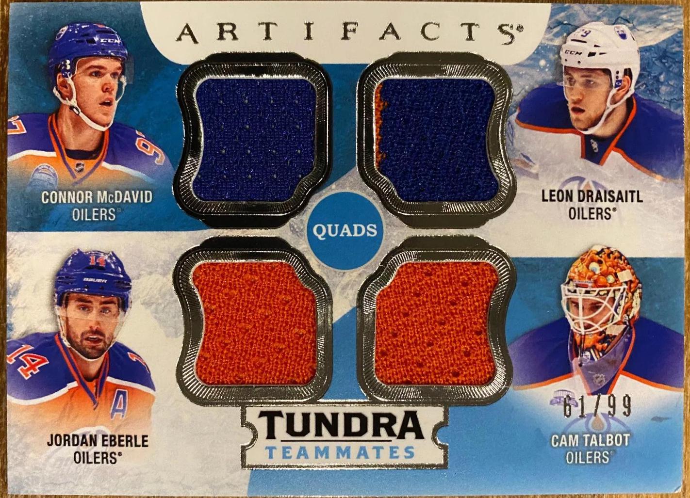Connor McDavid / Leon Draisaitl / Jordan Eberle / Cam Talbot #T4-EDM Hockey Cards 2016 Upper Deck Artifacts Tundra Teammates Quad Relics