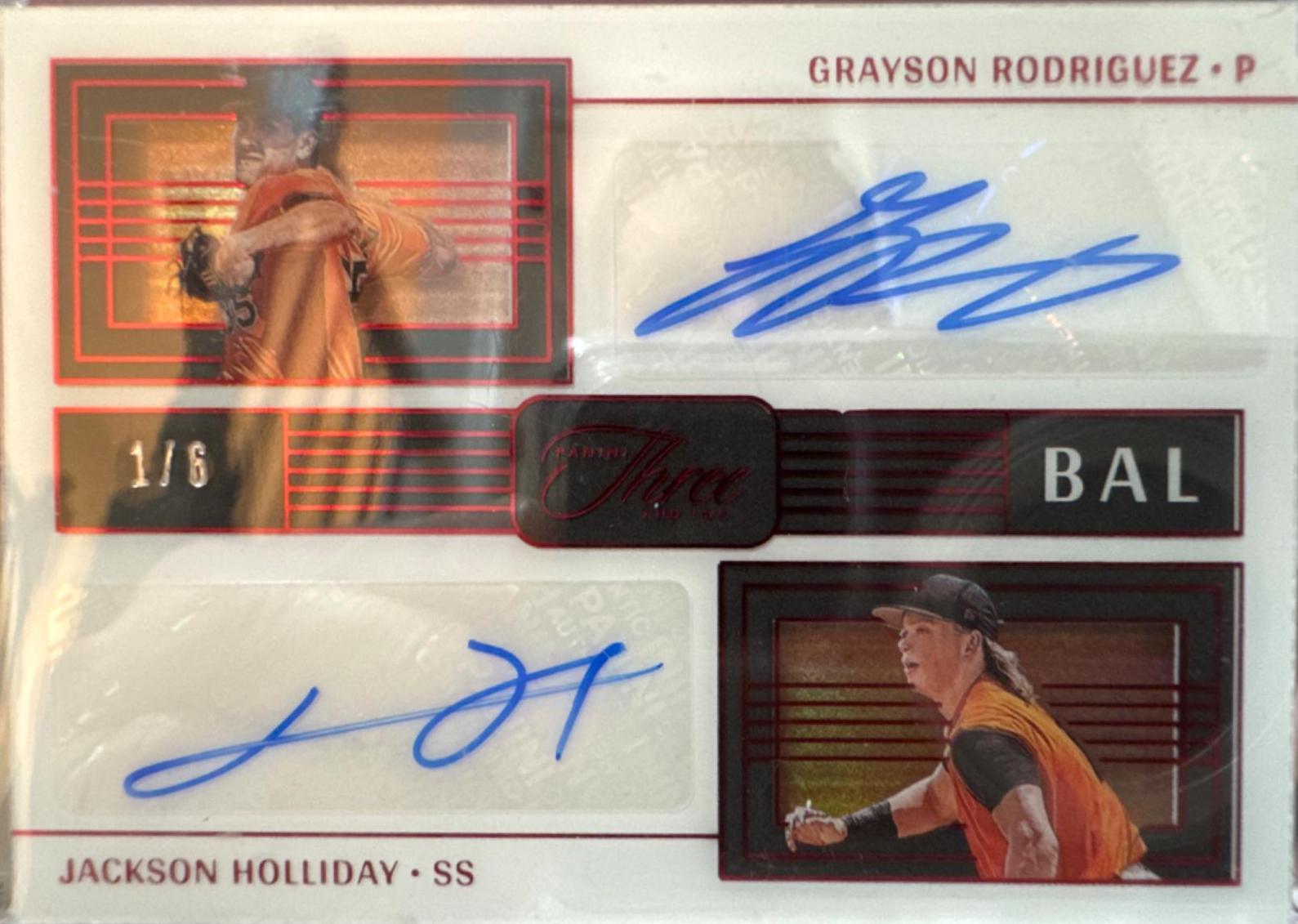Grayson Rodriguez/Jackson Holliday #POA-RH Baseball Cards 2023 Panini Three and Two Plus One Autographs