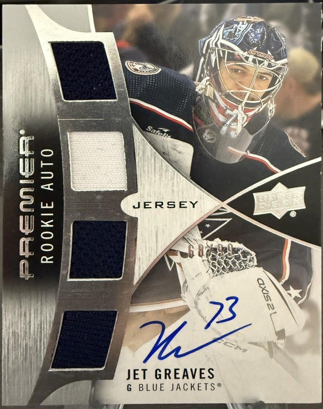 Jet Greaves #PRA-JG Hockey Cards 2023 Upper Deck Premier Rookie Auto Jersey