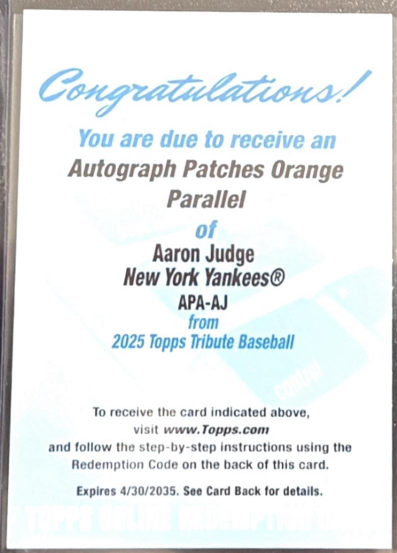 Aaron Judge #APA-AJ Baseball Cards 2025 Topps Tribute Autograph Patch