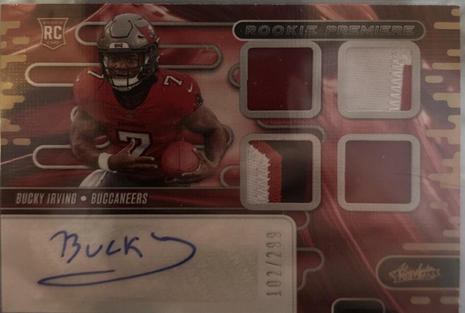 Bucky Irving #RPMA-BIG Football Cards 2024 Panini Absolute Rookie Premiere Materials Auto