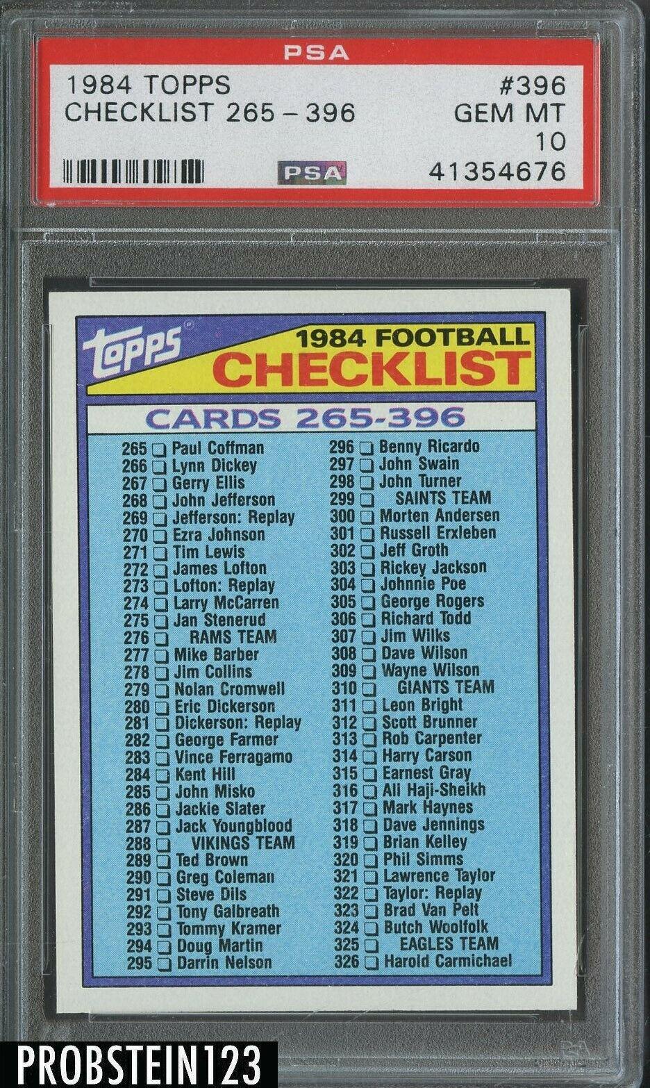 Checklist #396 Football Cards 1984 Topps