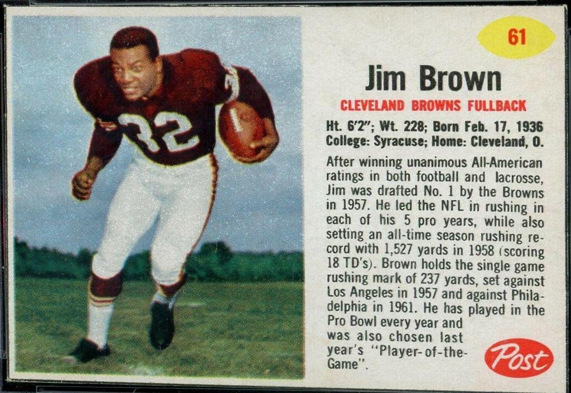 Jim Brown #61 Football Cards 1962 Post Cereal