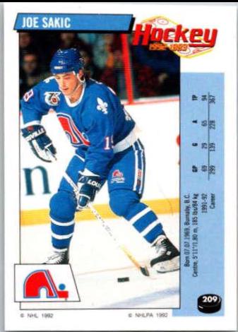 Joe Sakic #209 Hockey Cards 1992 Panini Stickers