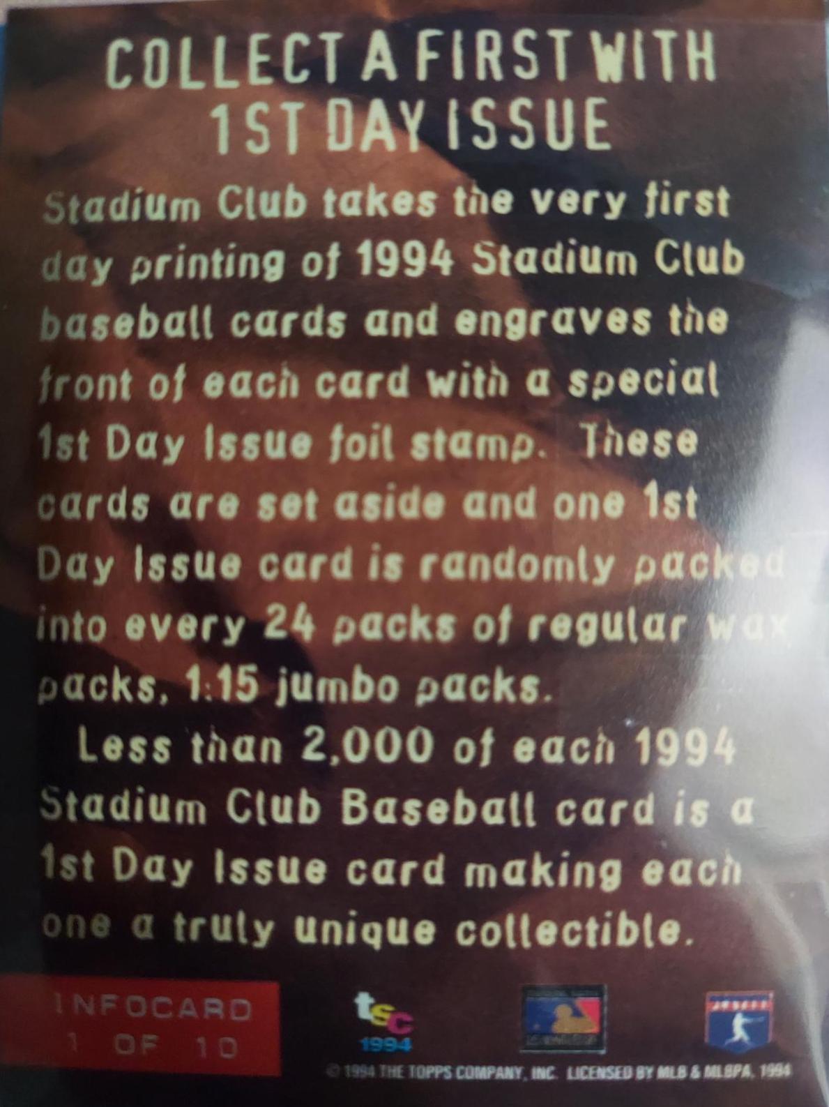 1st Day Issue #1 Baseball Cards 1994 Stadium Club Infocard
