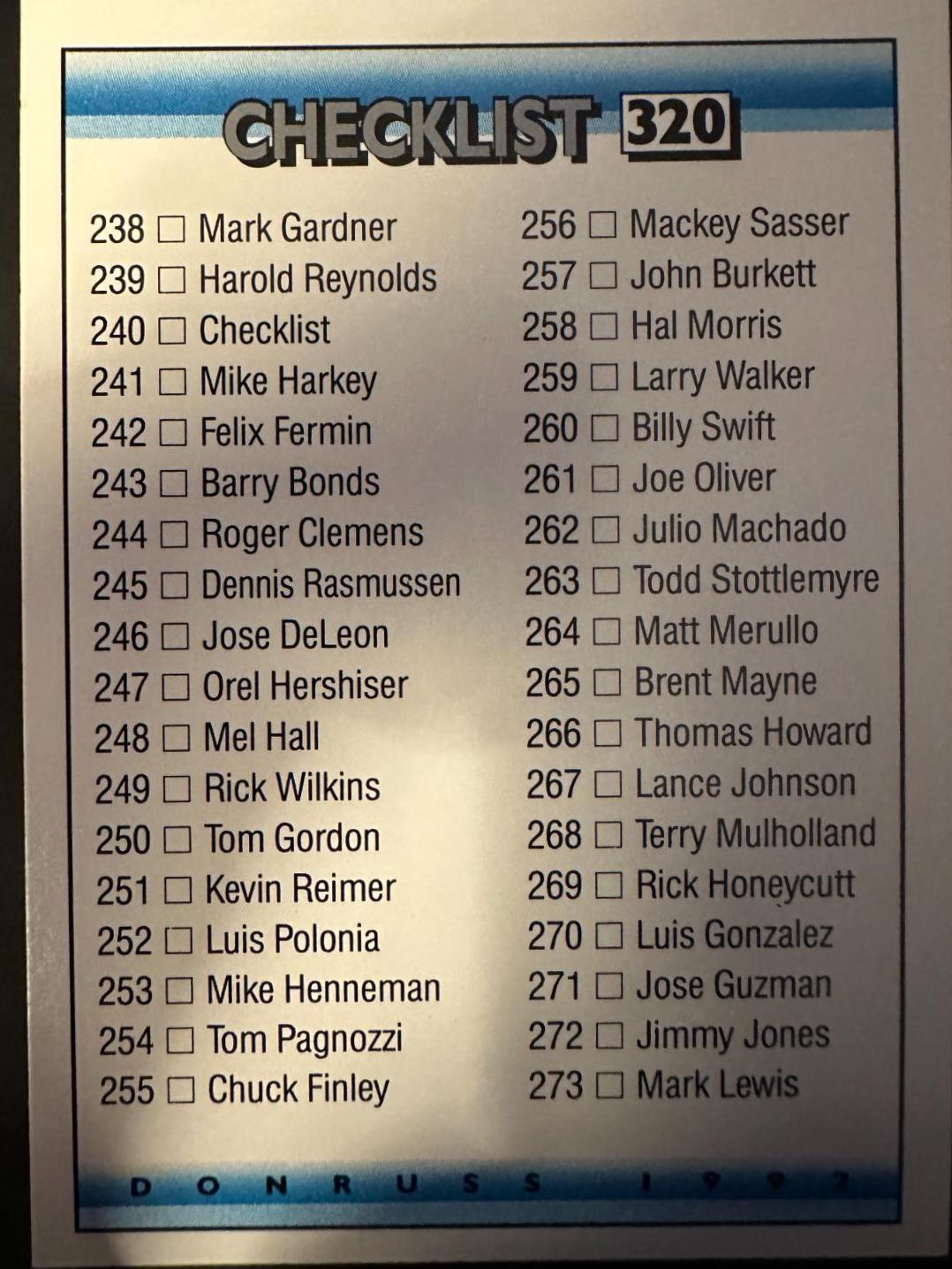 Checklist #3 #320 Baseball Cards 1992 Donruss