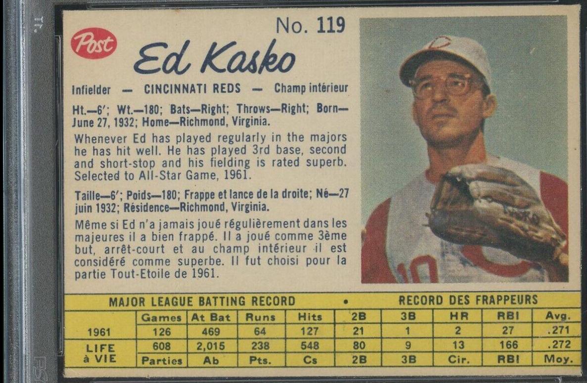 Ed Kasko #119 1962 Post Canadian Baseball
