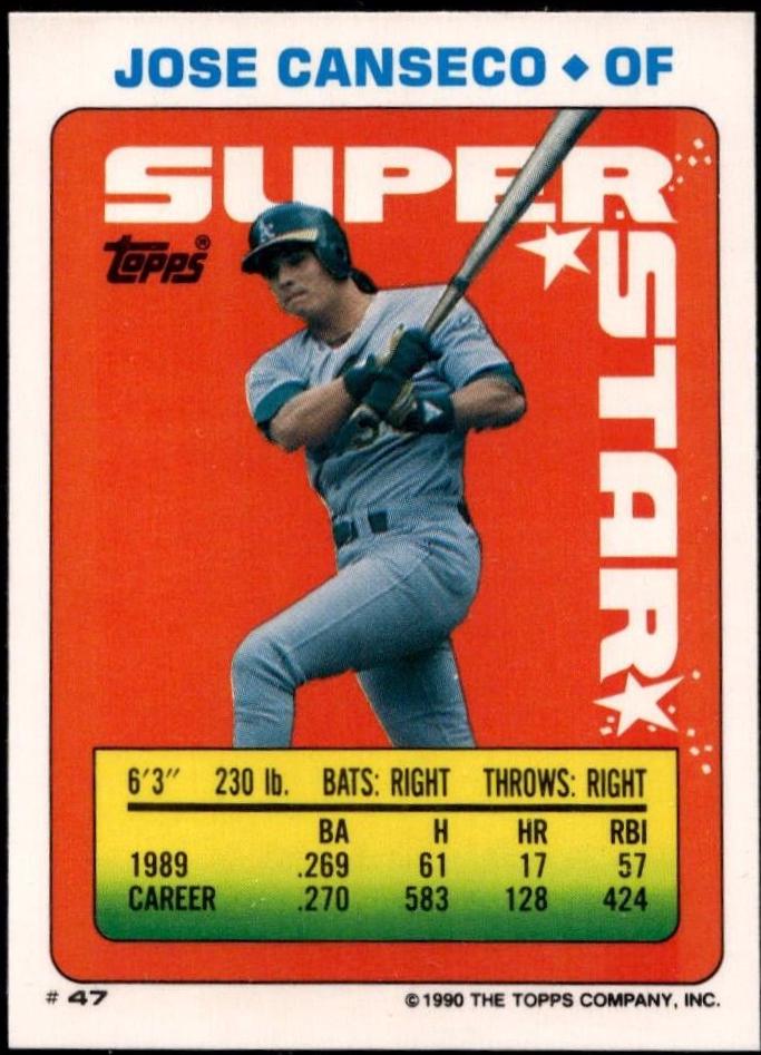 Jose Canseco #47 Baseball Cards 1990 Topps Stickers