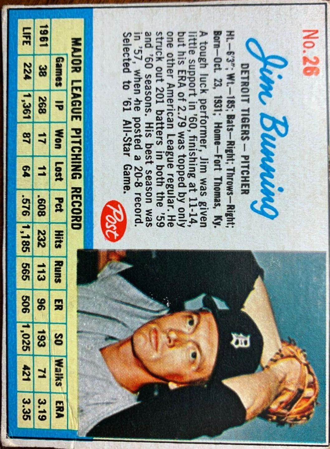 Jim Bunning #26 1962 Post Cereal Baseball