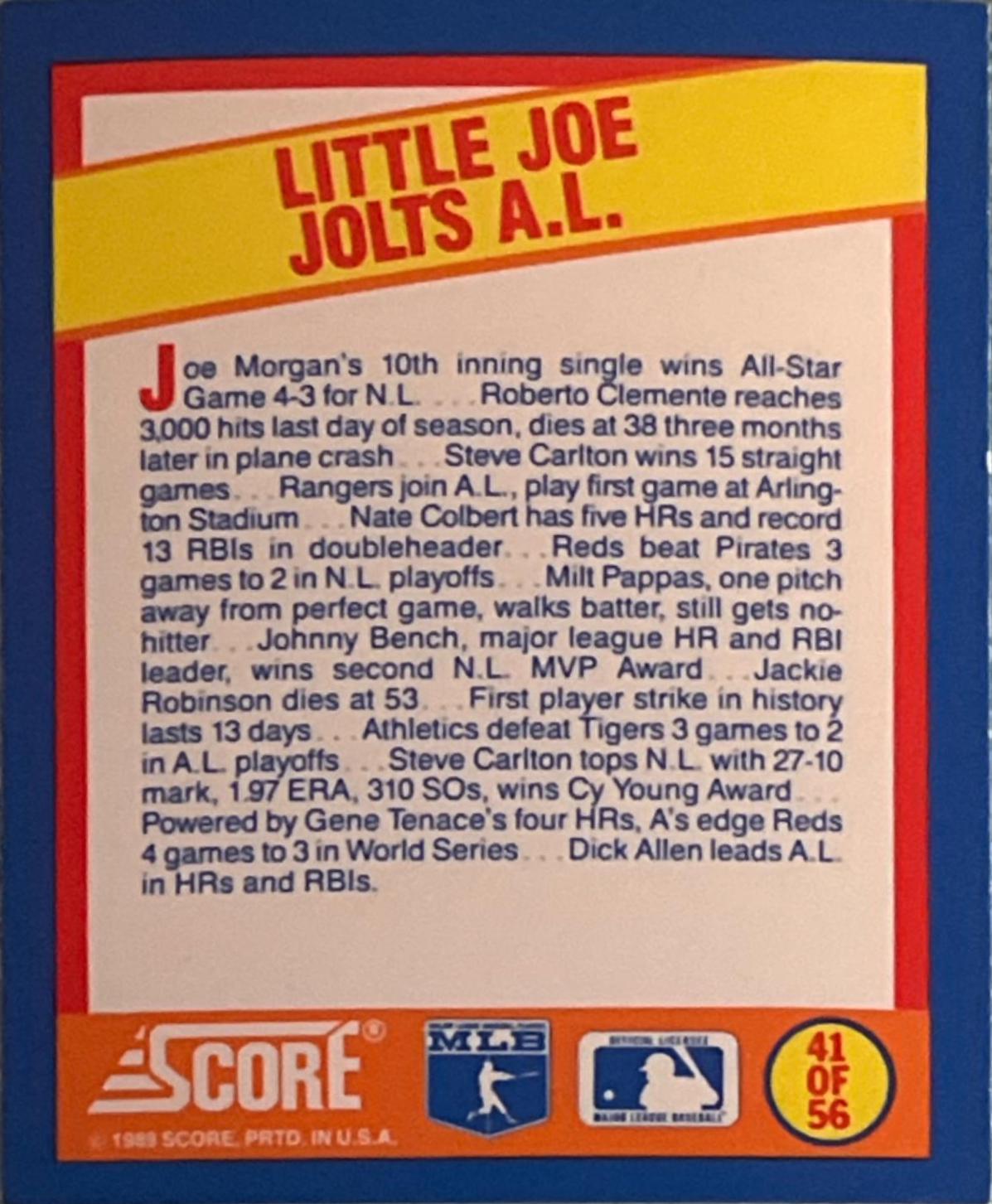 Little Joe Jolts A.L #41 Baseball Cards 1989 Score Magic Motion Trivia A Year to Remember