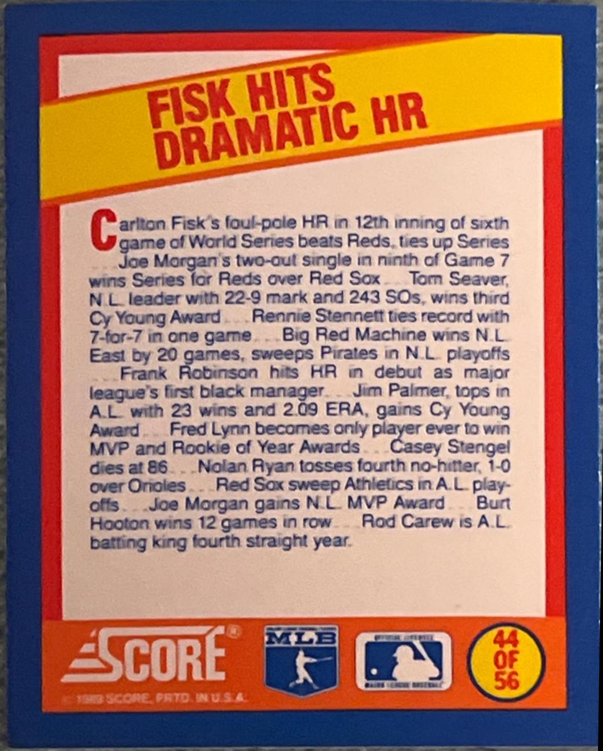 Fisk Hits Dramatic HR #44 Baseball Cards 1989 Score Magic Motion Trivia A Year to Remember