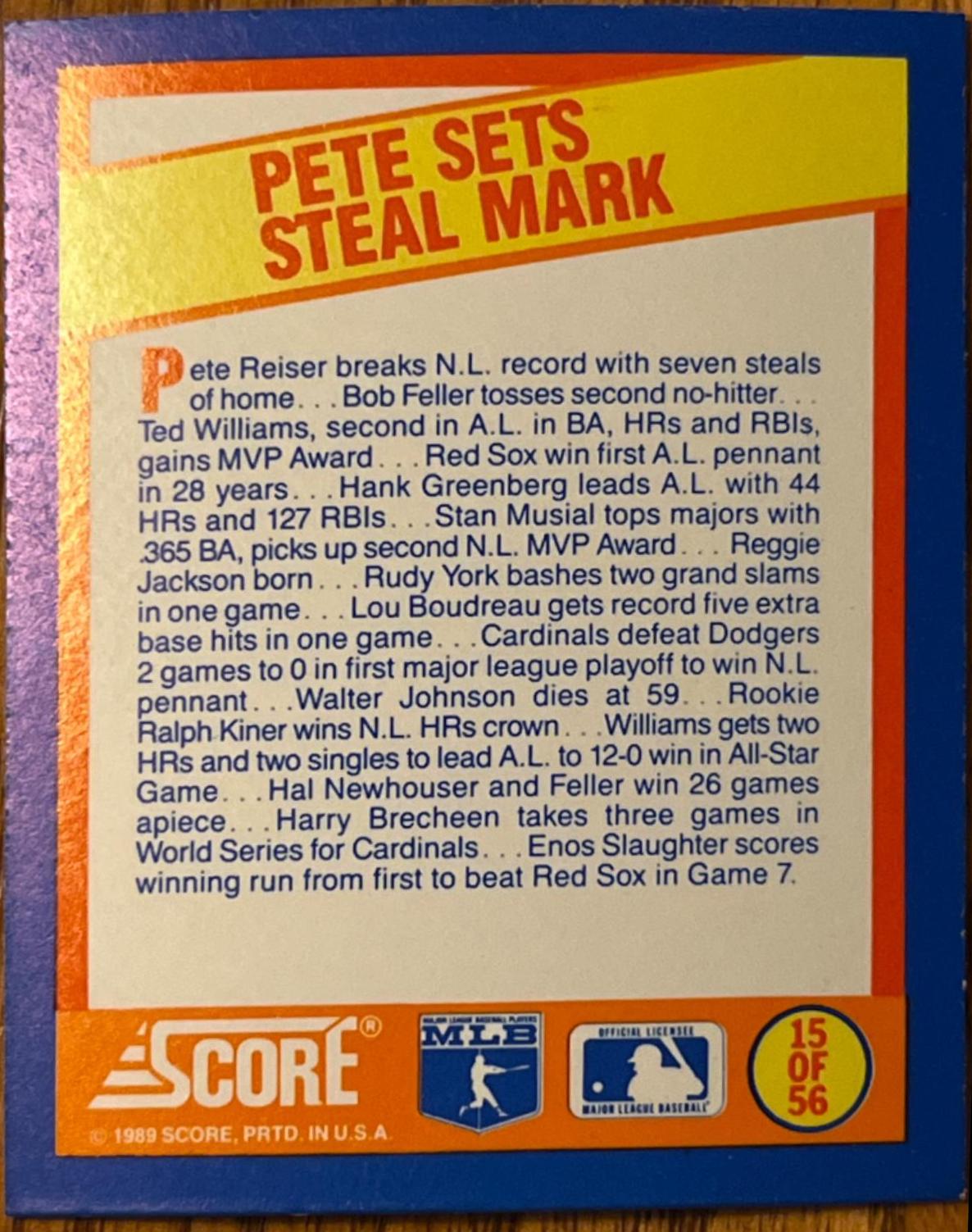 Pete Sets Steal Mark #15 Baseball Cards 1989 Score Magic Motion Trivia A Year to Remember