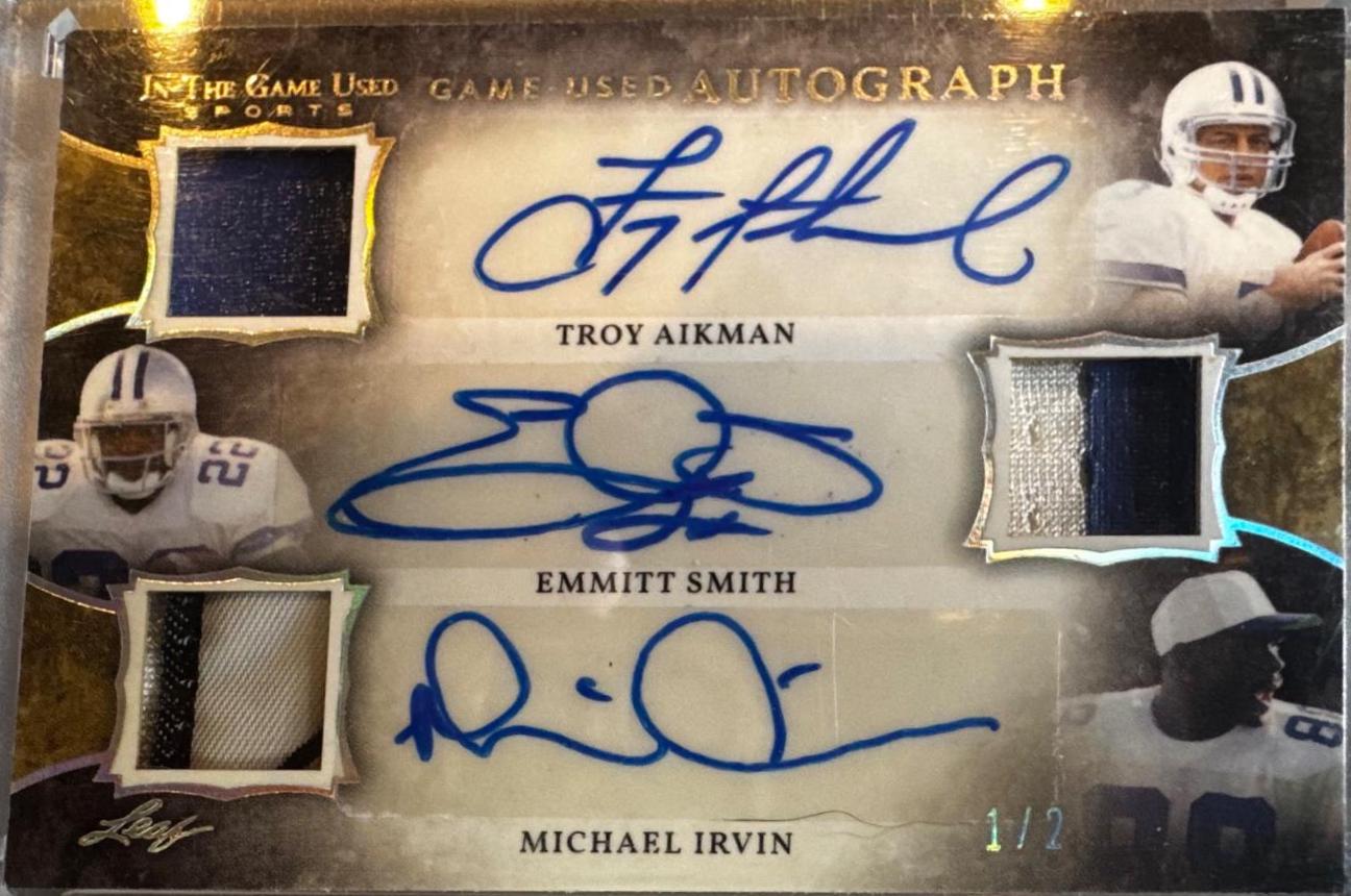 Troy Aikman Emmitt Smith Michael Irvin #GUTA-05 Football Cards 2020 Leaf In The Game Game Used Sports