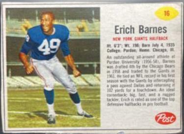 Erich Barnes #16 Football Cards 1962 Post Cereal