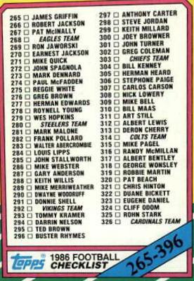 Checklist 265-396 #396 Football Cards 1986 Topps