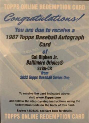 Cal Ripken Jr. #87BA-CR Baseball Cards 2022 Topps 1987 Autographs