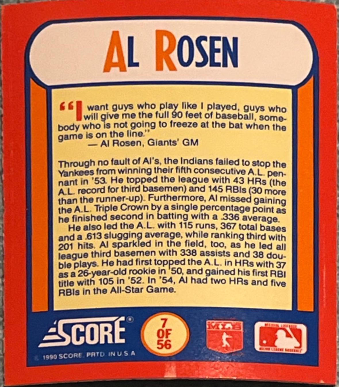Al Rosen #7 Baseball Cards 1990 Score the MVP's