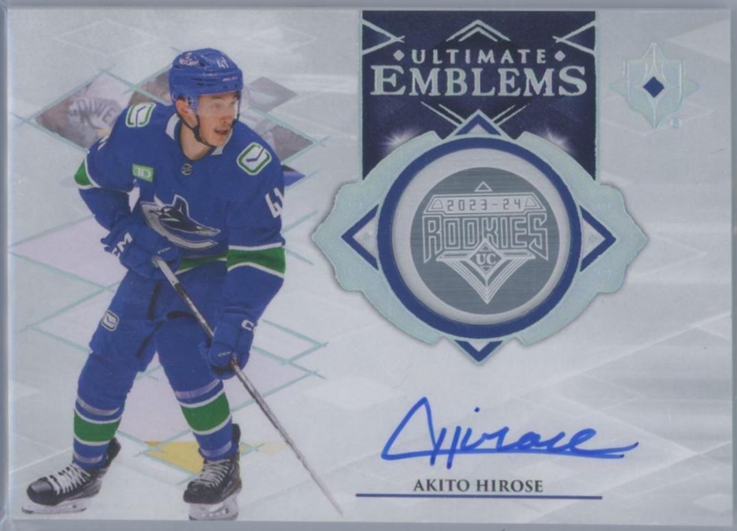 Akito Hirose #UE-AH Hockey Cards 2023 Upper Deck Ultimate Collection Emblems Auto Rookie