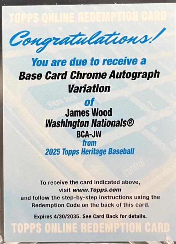 James Wood #BCA-JW Baseball Cards 2025 Topps Heritage Chrome Autograph