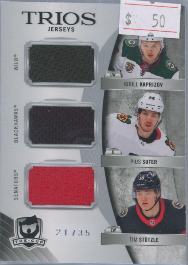 Kirill Kaprizov, Pius Suter, Tim Stutzle #C3-KSS Hockey Cards 2020 Upper Deck The Cup Trios Jersey