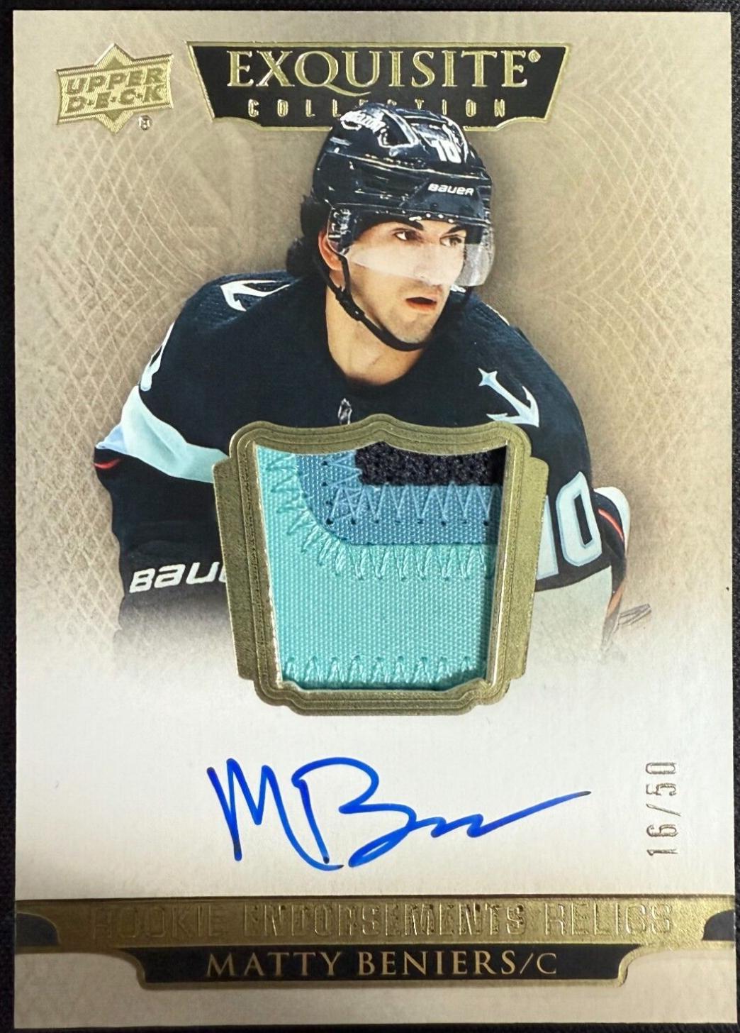 Matty Beniers #ER-TY Hockey Cards 2022 Upper Deck The Cup Exquisite Endorsements Relic Autograph