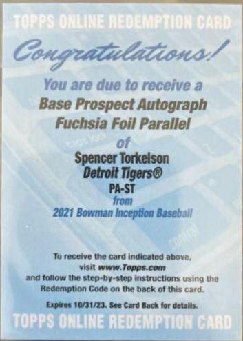 Spencer Torkelson #PA-ST Baseball Cards 2021 Bowman Inception Autographs